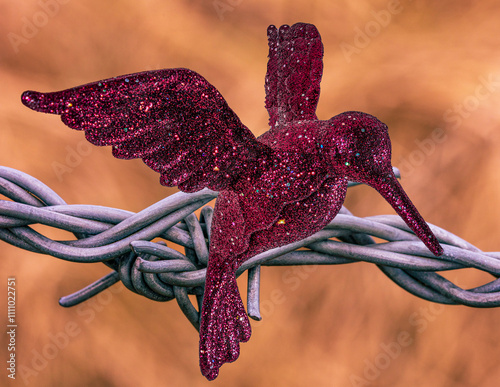 Christmas sparkly humming bird transposed with a barbed wire. War and peace metaphor.