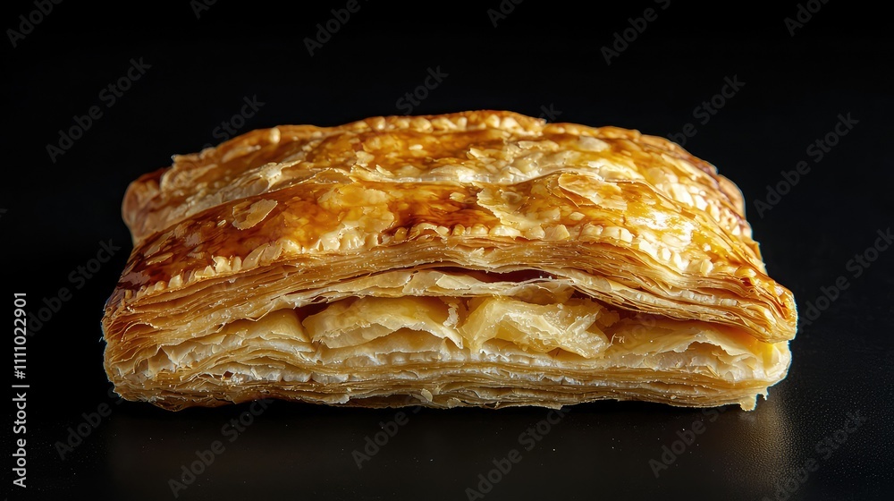 Flaky Layers of Golden Puff Pastry Isolated on Dark Background, Perfect for Culinary and Food Photography Projects Showcasing Pastry Creation and Baking Techniques Flaky Layers of Golden Puff Pastry Isolated on Dark Background, Perfect for Culinary and Food Photography Projects Showcasing Pastry Creation and Baking Techniques