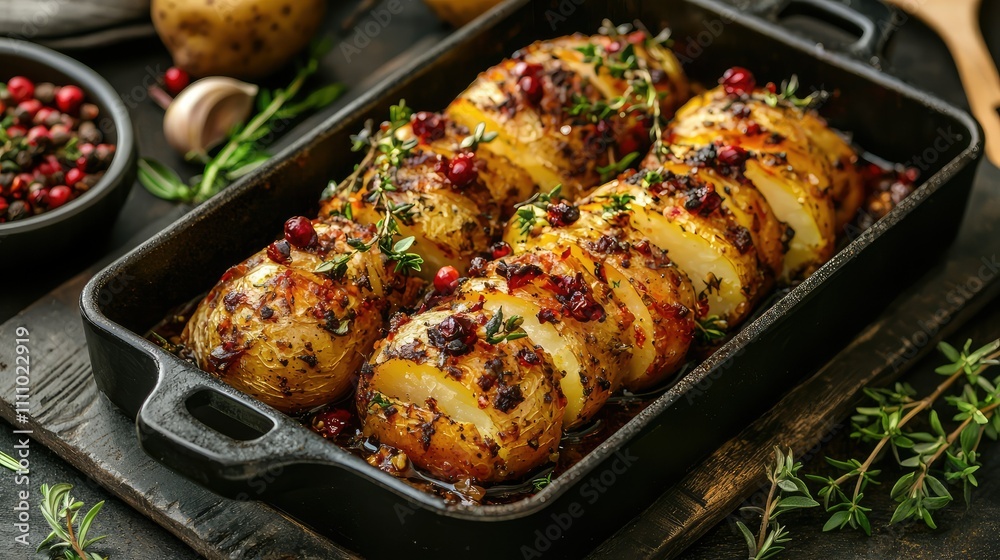 Deliciously Baked Potatoes Topped with Herbs and Spices in a Cast Iron Dish Surrounded by Fresh Vegetables and Seasonings for a Tempting Culinary Presentation