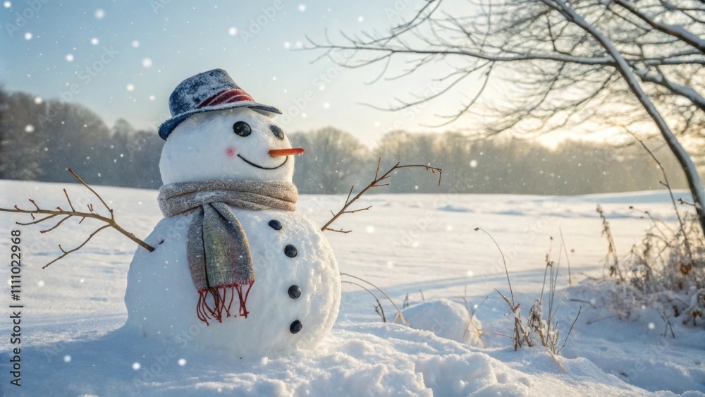 Obraz premium Cheerful snowman in a snowy winter landscape