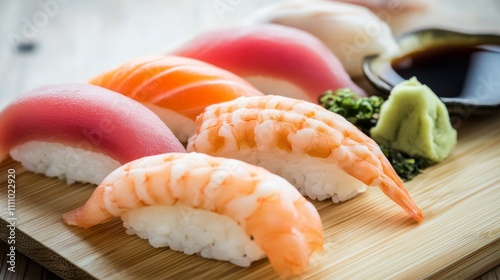 Photo of, A platter of assorted nigiri sushi featuring tuna, salmon