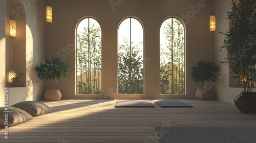 Ultra-Detailed Modern-Medieval Meditation Space with Tranquil Atmosphere