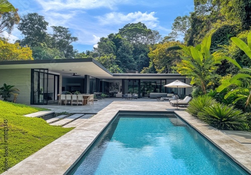 Modern Villa Surrounded by Lush Greenery with Elegant Outdoor Pool Area and Spacious Terrace Under Clear Blue Sky in Tropical Paradise Setting