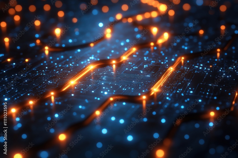 Obraz premium цифровой пейзаж с мерцающими линиями и точками.