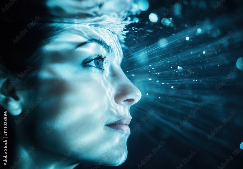 Mystical Portrait of a Woman Underwater with Light Rays and Bubbles Creating a Dreamy Ambience and Enigmatic Atmosphere in a Captivating Blue Environment Mystical Portrait of a Woman Underwater with Light Rays and Bubbles Creating a Dreamy Ambience and Enigmatic Atmosphere in a Captivating Blue Environment