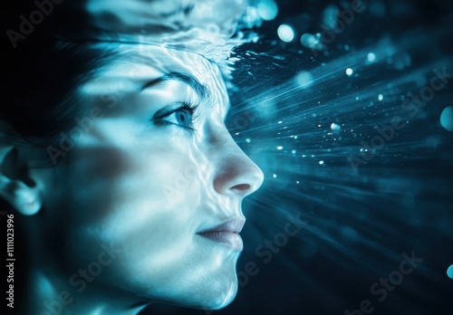 Mystical Portrait of a Woman Underwater with Light Rays and Bubbles Creating a Dreamy Ambience and Enigmatic Atmosphere in a Captivating Blue Environment