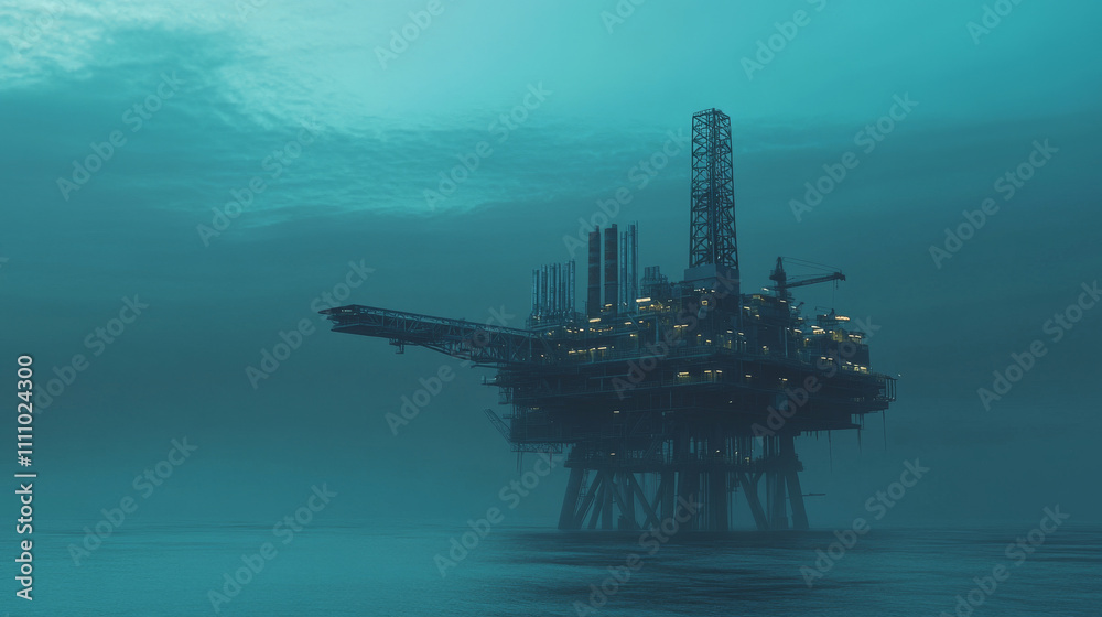 Offshore oil and gas platform in the sea, early in the morning, with dramatic dark blue sky and dark blue sea. Offshore oil and gas platform in the sea, early in the morning, with dramatic dark blue sky and dark blue sea.