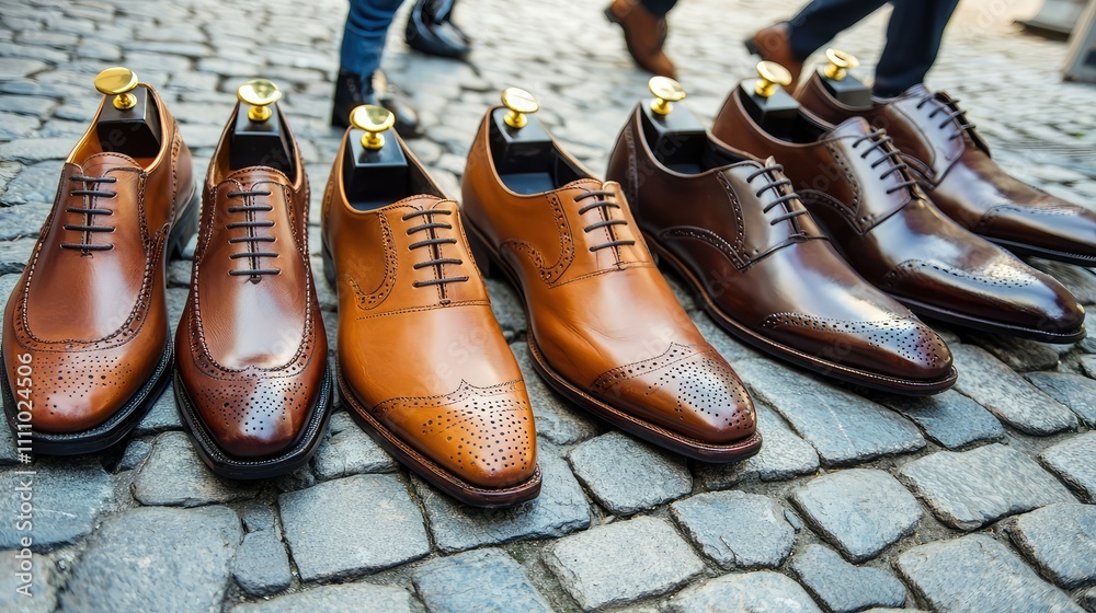 Elegant Collection of Brown Dress Shoes for Men Lined Up on Cobblestone Street with Vintage Style, Showcasing Craftsmanship and Fashion Trends Elegant Collection of Brown Dress Shoes for Men Lined Up on Cobblestone Street with Vintage Style, Showcasing Craftsmanship and Fashion Trends