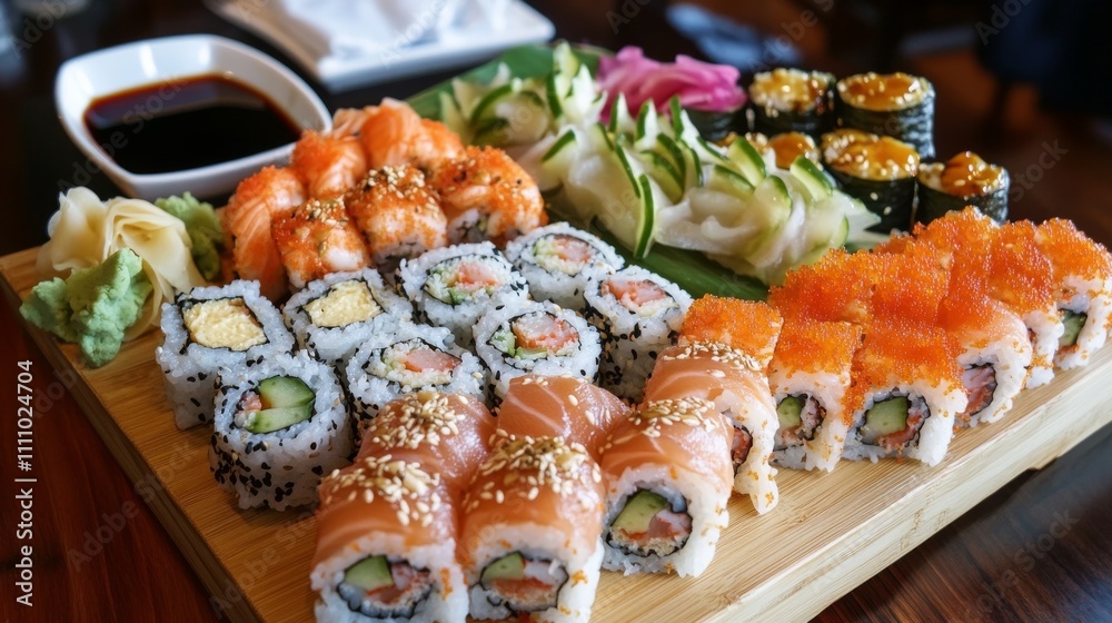 Photo of, A platter of assorted sushi rolls featuring California rolls, spicy tuna rolls Photo of, A platter of assorted sushi rolls featuring California rolls, spicy tuna rolls