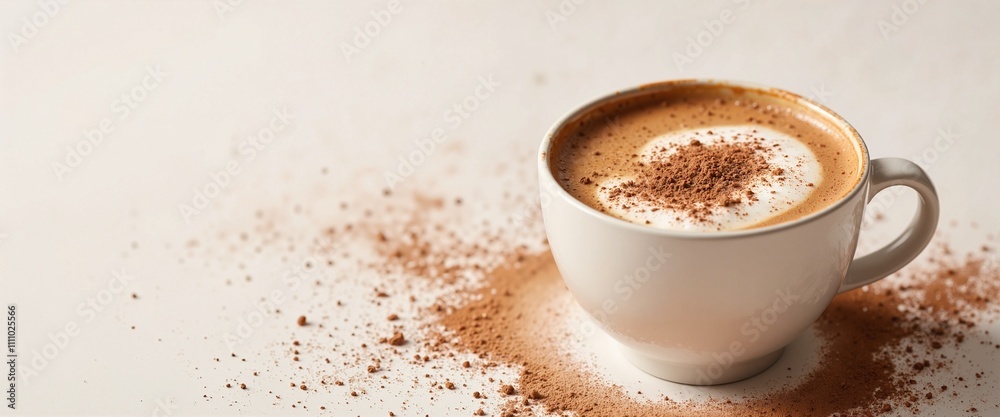 Cappuccino with Creamy Foam Sprinkled with Cocoa Powder against Light Background with Copy Space Cappuccino with Creamy Foam Sprinkled with Cocoa Powder against Light Background with Copy Space