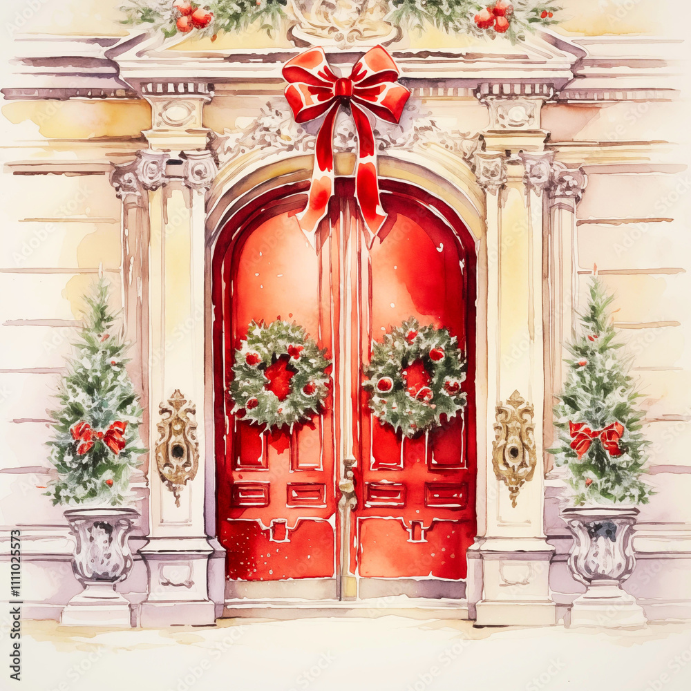 Fototapeta premium Festive Red Door Decoration with Wreaths for Holiday Season