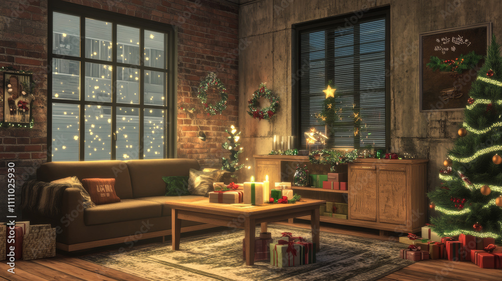 Aesthetic composition of christmas living room interior with wooden console, christmas gifts, candle with candlestick, christmas tree, and personal accessories. Home decor. Template. Aesthetic composition of christmas living room interior with wooden console, christmas gifts, candle with candlestick, christmas tree, and personal accessories. Home decor. Template.