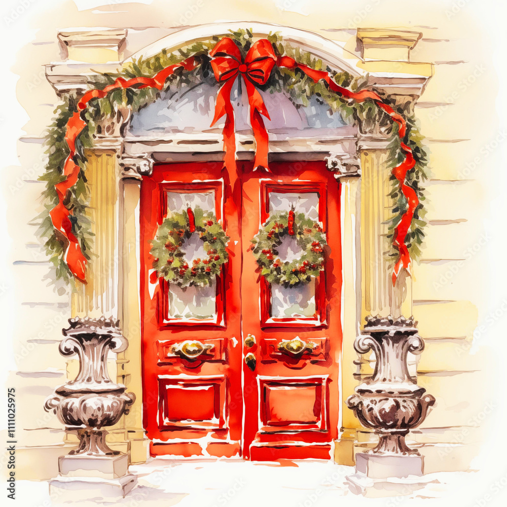 Obraz premium Festive Red Door with Wreaths and Christmas Decorations in Winter