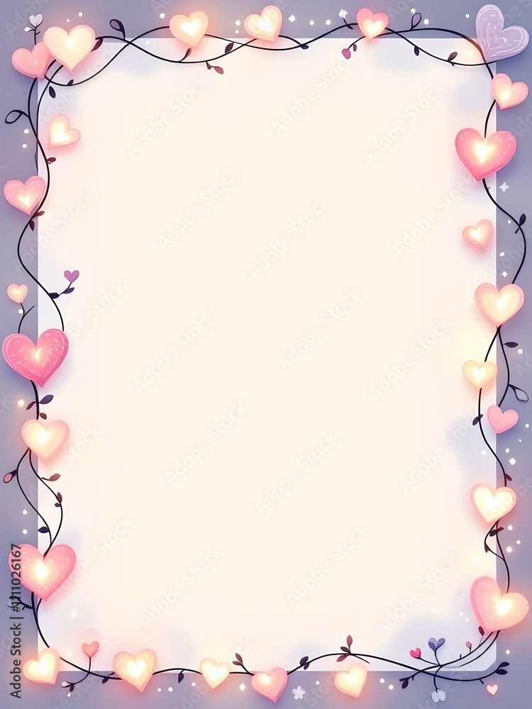 Fototapeta premium A Blank Romantic Greeting card Note with Soft Glow Effect and coloring Heart shaped lights Decorations.