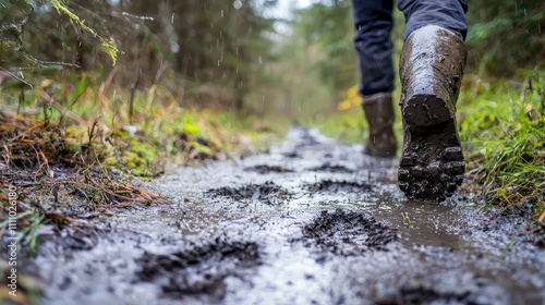 Person Walking on a Muddy Trail During Rainy Day Surrounded by Nature and Forest, Showing Boot Prints in Wet Ground and Lush Green Background