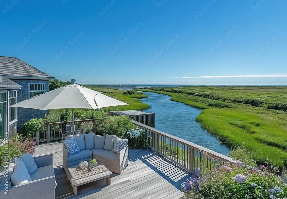 Fototapeta premium Scenic Outdoor Lounge Area Overlooking Calm River and Lush Green Marsh, with Bright Blue Sky and Inviting Sun Shade for Relaxation and Enjoyment