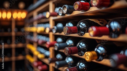 Elegant wine cellar with rows of fine bottles in wooden racks photo