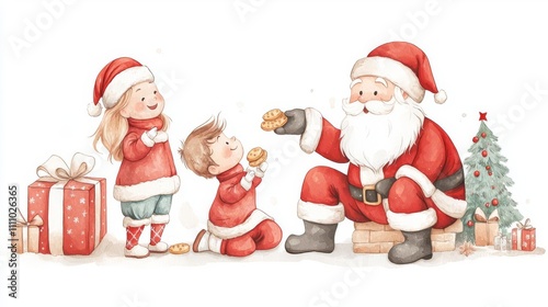 Santa shares cookies with joyful children.
