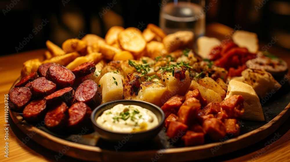 Photo of, A platter of assorted tapas including patatas bravas, chorizo Photo of, A platter of assorted tapas including patatas bravas, chorizo