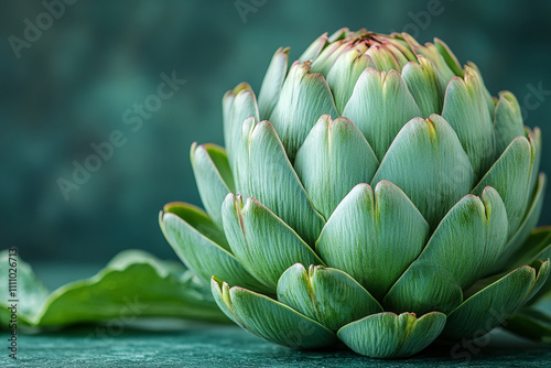 A Single Artichoke Close Up Shot On Teal Background