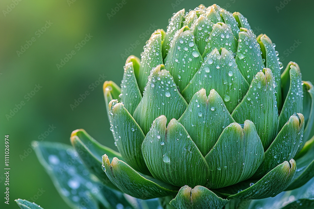 Dew Covered Artichoke Bud In Garden Green Dew Covered Artichoke Bud In Garden Green