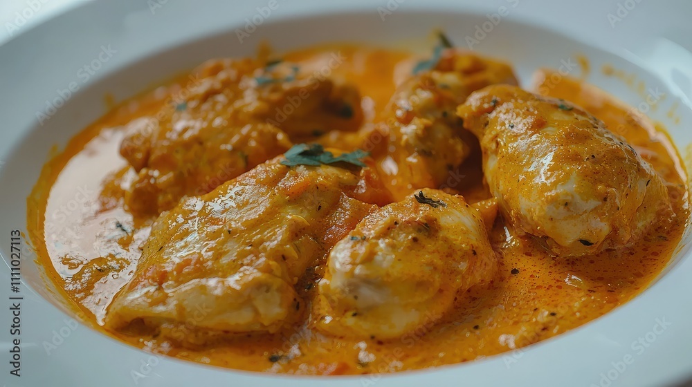 Delicious Creamy Chicken Dish in Rich Orange Sauce Served on White Plate, Garnished with Fresh Herbs for an Appealing Culinary Presentation Delicious Creamy Chicken Dish in Rich Orange Sauce Served on White Plate, Garnished with Fresh Herbs for an Appealing Culinary Presentation