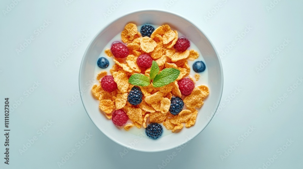 Vibrant bowl of cornflakes topped with fresh berries and mint leaves on a white countertop Vibrant bowl of cornflakes topped with fresh berries and mint leaves on a white countertop