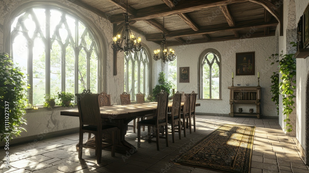 Inviting Medieval-Inspired Dining Room with Rustic Wooden Table and High-Backed Chairs, Perfect for Gatherings | Ultra-Detailed Interior Design Concept Inviting Medieval-Inspired Dining Room with Rustic Wooden Table and High-Backed Chairs, Perfect for Gatherings | Ultra-Detailed Interior Design Concept