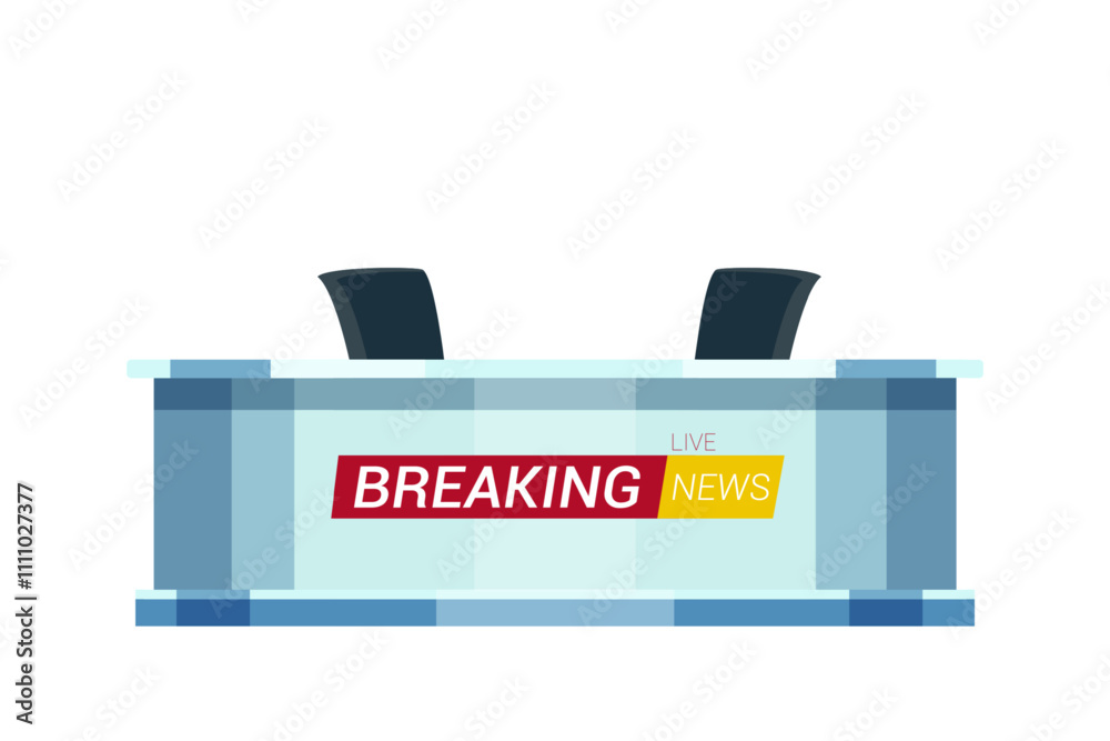 Live breaking news flat vector illustration. TV studio interior. Television news program background.