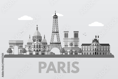 Paris landmarks. France capital skyline background for postcard, banner, poster. Paris cityscape. French world famous architectural sightseeing. Graphic flat vector illustration in white-gray colors.