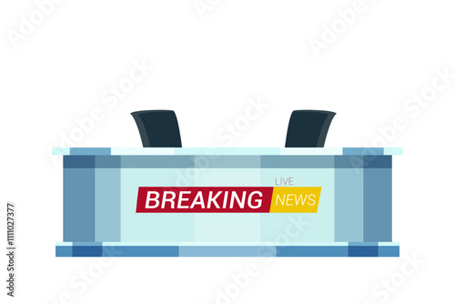Live breaking news flat vector illustration. TV studio interior. Television news program background.