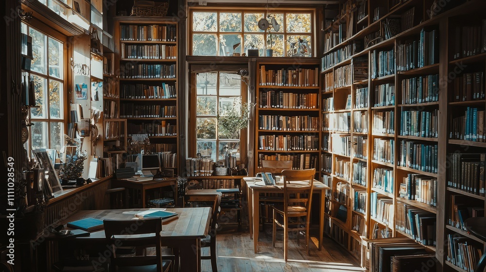 Cozy and Inviting Library Interior with Wooden Shelves Filled with Books, Sunlight Streaming Through Windows Creating a Warm Atmosphere for Reading and Study Cozy and Inviting Library Interior with Wooden Shelves Filled with Books, Sunlight Streaming Through Windows Creating a Warm Atmosphere for Reading and Study