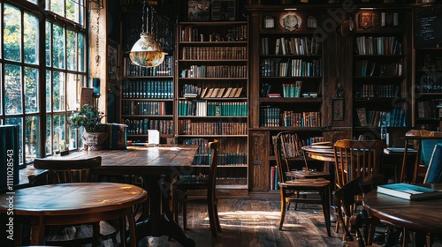 Cozy and Inviting Library Interior with Wooden Furniture, Large Windows, and Sunlight Streaming In, Perfect for Readers and Book Lovers in a Relaxed Setting