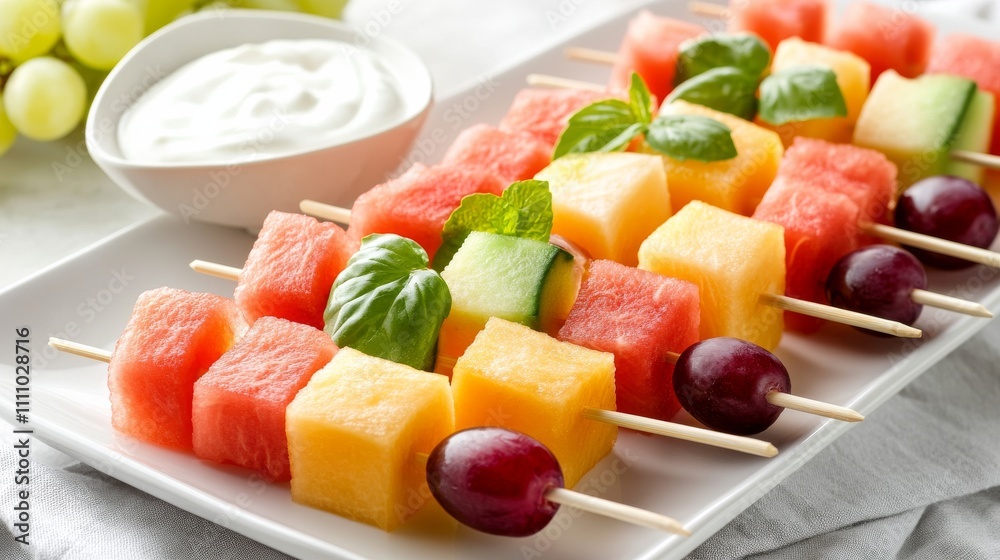 Photo of, A platter of colorful fruit skewers featuring watermelon, cantaloupe Photo of, A platter of colorful fruit skewers featuring watermelon, cantaloupe
