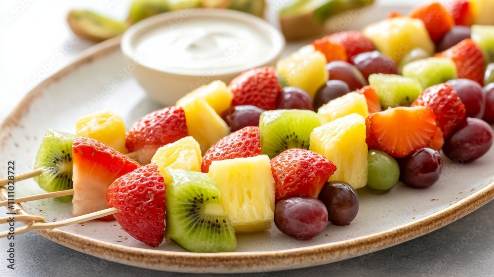 Photo of, A platter of colorful fruit skewers featuring strawberries, pineapple Photo of, A platter of colorful fruit skewers featuring strawberries, pineapple