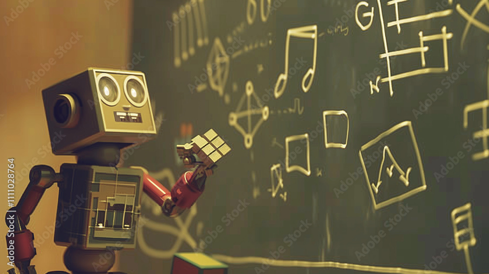 Fototapeta premium A robot writes formulas on a blackboard with floating equations, showcasing AI and machine learning, allowing the robot to grow smarter through active learning, enhancing its intelligence.