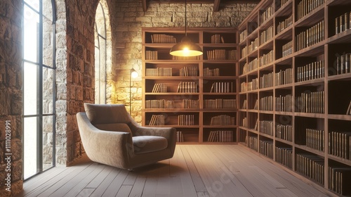Modern-Medieval Cozy Reading Nook with Plush Armchair and Ancient Tomes in Photorealistic Interior Design