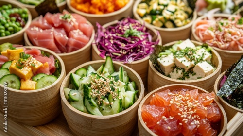 Photo of, A platter of colorful poke bowls filled with fresh tuna, salmon