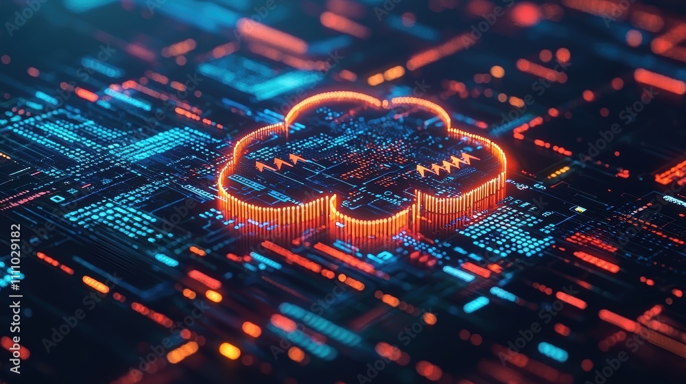 Cloud Icon A cloud icon with downward arrows, symbolizing data download from the cloud, with a futuristic digital interface in the background. Cloud Icon A cloud icon with downward arrows, symbolizing data download from the cloud, with a futuristic digital interface in the background.