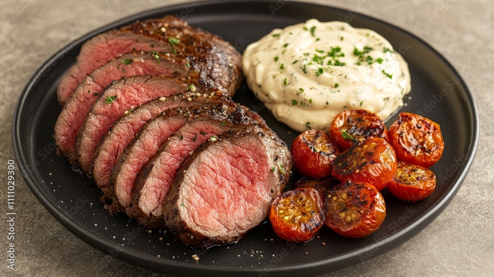 A plate featuring sliced beef, creamy sauce, and roasted tomatoes. A plate featuring sliced beef, creamy sauce, and roasted tomatoes.