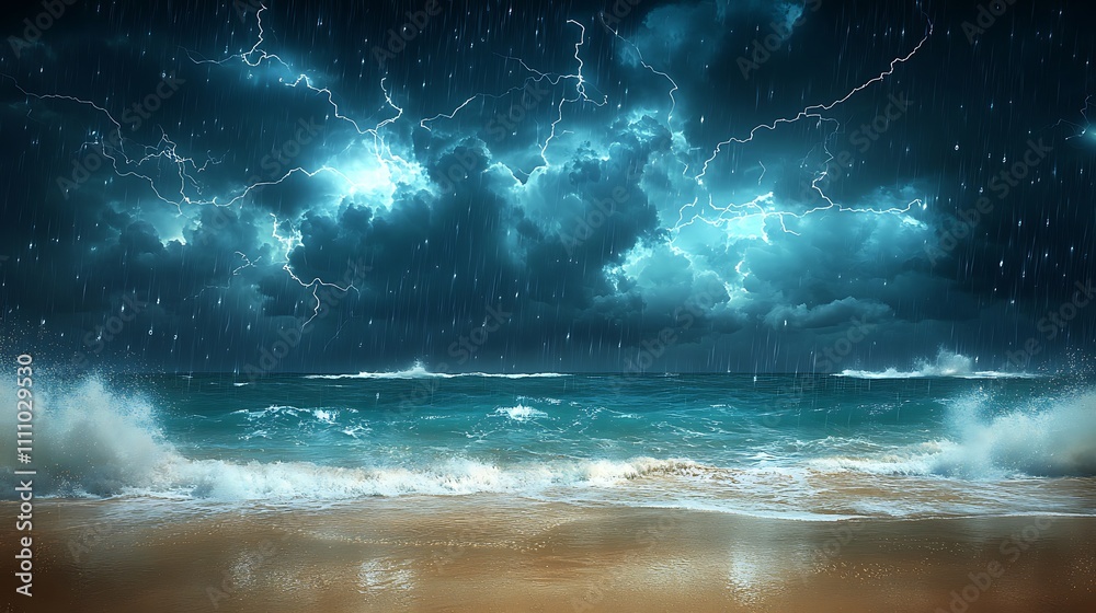 custom made wallpaper toronto digitalDramatic ocean scene with stormy sky, lightning, rain, and crashing waves on a sandy beach.