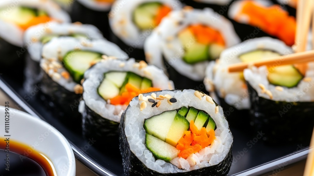 Photo of, A platter of colorful vegetable sushi rolls made with avocado, cucumber Photo of, A platter of colorful vegetable sushi rolls made with avocado, cucumber