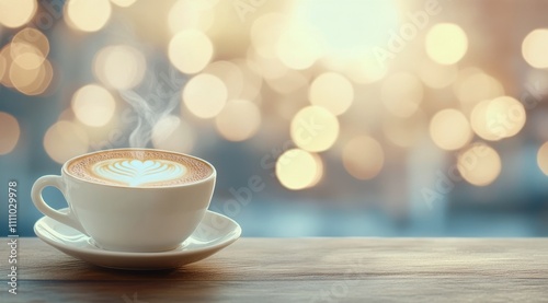 Warm coffee cup with latte art on wooden table in cozy cafe setting