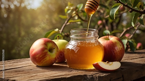 Closeup of apples and honey on a wooden table. AI-generated image.