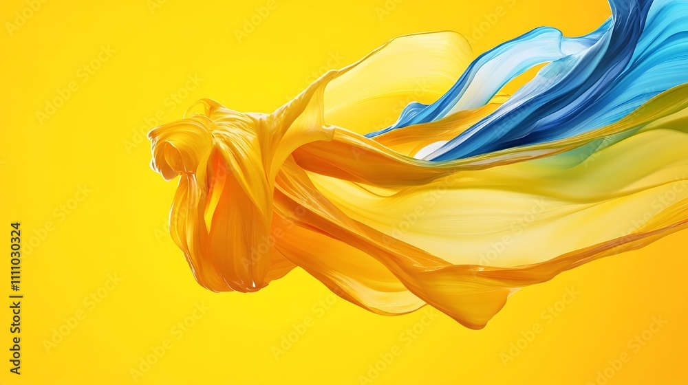 Abstract flowing fabric, yellow, blue, and gold hues on yellow background. Abstract flowing fabric, yellow, blue, and gold hues on yellow background.