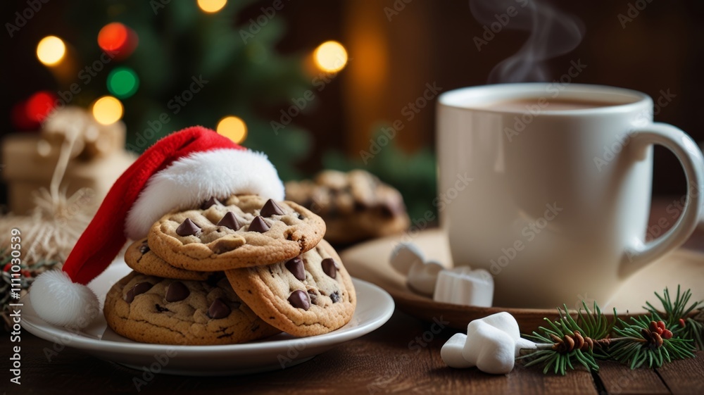 Delicious chocolate chip cookies topped with a Santa hat sit on a plate beside a steaming cup of coffee, creating a cozy holiday ambiance perfect for festive enjoyment. Delicious chocolate chip cookies topped with a Santa hat sit on a plate beside a steaming cup of coffee, creating a cozy holiday ambiance perfect for festive enjoyment.
