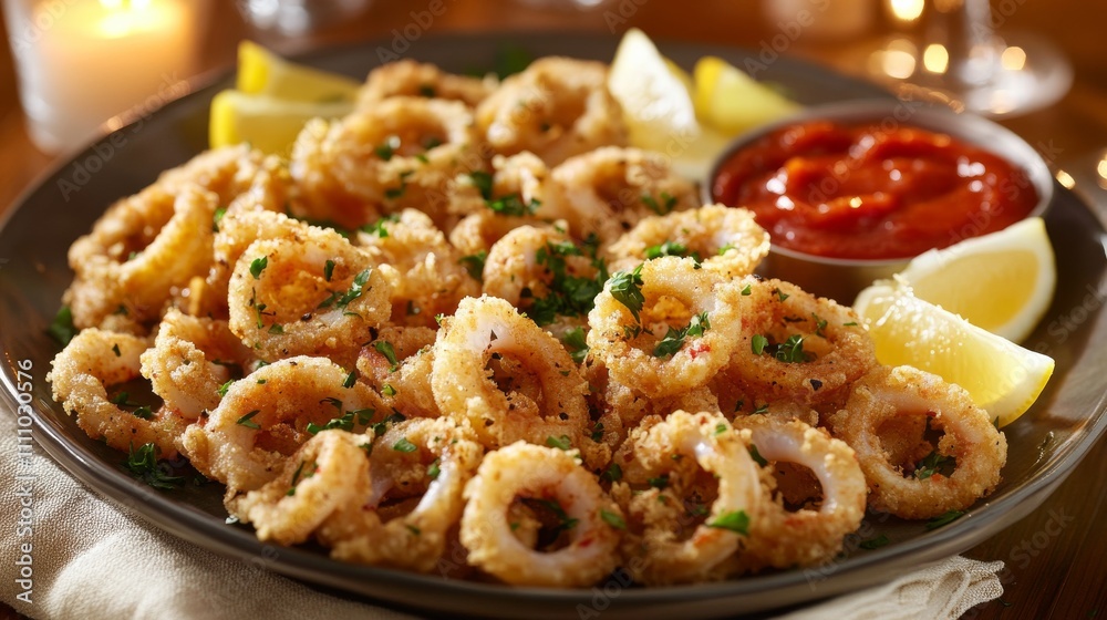 Photo of, A platter of crispy calamari served with marinara sauce and lemon wedges, Calamari arranged Photo of, A platter of crispy calamari served with marinara sauce and lemon wedges, Calamari arranged