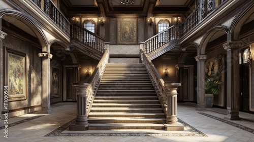 Modern-Medieval Fusion: Grand Staircase in Ultra-Detailed Interior Design with Mix of Styles and Artistic DÃ©cor