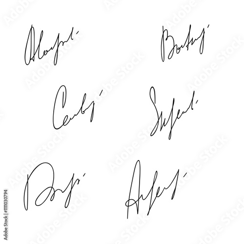 Different signature, autograph isolated on a white background, hand-written in cursive, vector. Decorative abstract element for signing, document design. Handwritten fake surname in words, set, doodle