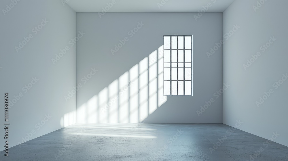 Fototapeta premium Bright and Minimalist Interior Space with Window Casting Light Stripes on Concrete Floor, Ideal for Displaying Inspiration and Creative Designs